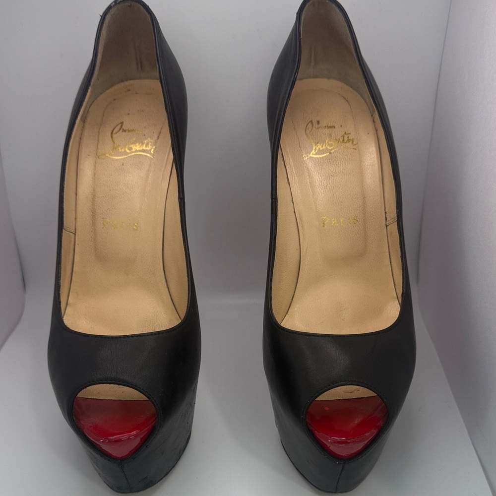 Christian Louboutin Black Leather Peep-Toe Platform Pumps with Red Toe